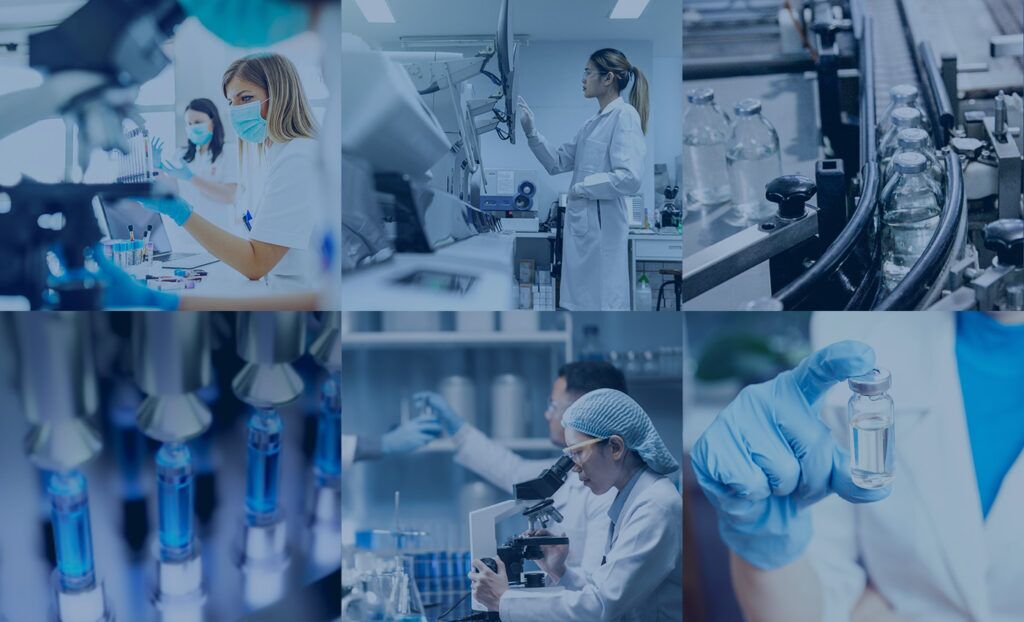 A collage of lab professionals working